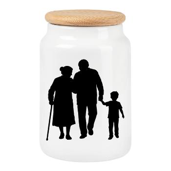 Grandparents Grandchild Silhouette Walking Family - Cookie Jar with Wooden Lid - white - Front