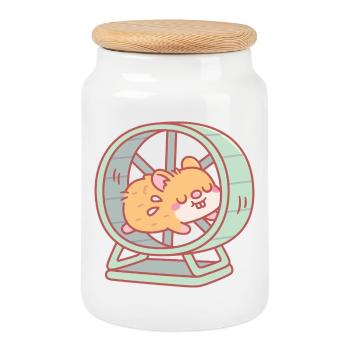 Mignon hamster courant sur une roue - Boîte à biscuits avec couvercle en bois - blanc - Devant
