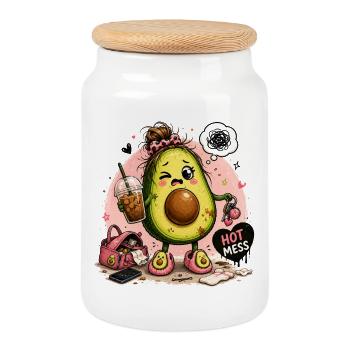 Kawaii Avocado Hot Mess - Cookie Jar with Wooden Lid - white - Front