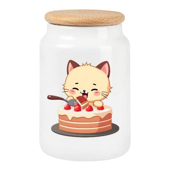 Le chat mange du gâteau - Boîte à biscuits avec couvercle en bois - blanc - Devant