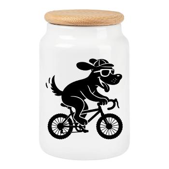 Un chien cool sur un cycliste à vélo - Boîte à biscuits avec couvercle en bois - blanc - Devant