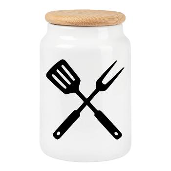 Grillbesteck BBQ Grillmeister Foodtruck Crew - Keksdose mit Holzdeckel - Weiß - Vorne