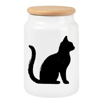 Chat - Silhouette NOIR - Boîte à biscuits avec couvercle en bois - blanc - Devant