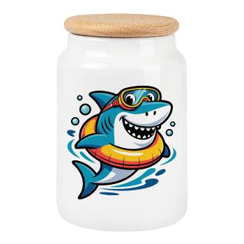 Cheerful diving shark with swimming ring - Cookie Jar with Wooden Lid - white - Front