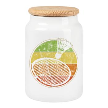 Vintage Druck mit Badminton Schläger und Federball - Keksdose mit Holzdeckel - Weiß - Vorne