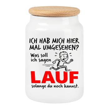 Lauf solange du noch kannst – Lustiges Comic - Keksdose mit Holzdeckel - Weiß - Vorne