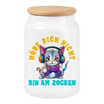 Höre Dich Nicht Bin Am Zocken Süße Katze Gamer - Keksdose mit Holzdeckel - Weiß - Vorne