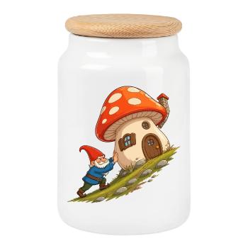 Pilzhäuschen-Gnom zieht Haus - Keksdose mit Holzdeckel - Weiß - Vorne