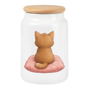 Katze auf Kissen Süßes Katzenmotiv - Keksdose mit Holzdeckel - Weiß - Vorne