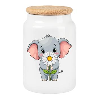 Little elephant with flower - Cookie Jar with Wooden Lid - white - Front