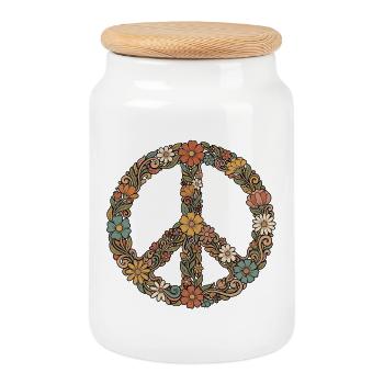 60er Peace Symbol Blumen - Keksdose mit Holzdeckel - Weiß - Vorne