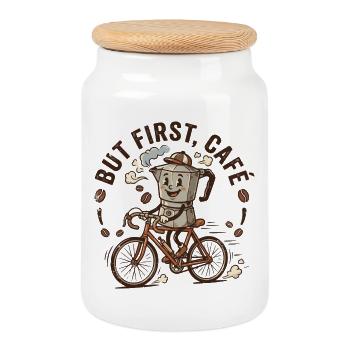 Coffee First on Bike - Cookie Jar with Wooden Lid - white - Front