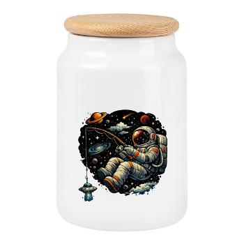 Cosmic Angler: Astronaut Fishing - Cookie Jar with Wooden Lid - white - Front