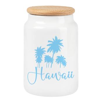 Hawaii Palm Trees Script Design - Cookie Jar with Wooden Lid - white - Front