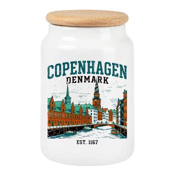 Copenhagen Denmark Canal Harbor With Church Spire - Cookie Jar with Wooden Lid - white - Front