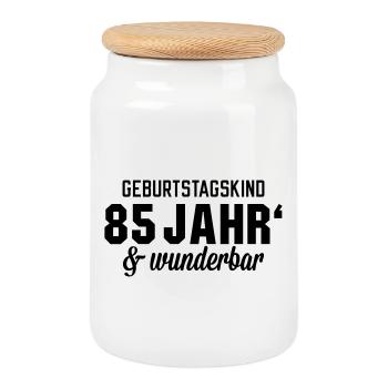 Geburtstagskind 85 wunderbar - Keksdose mit Holzdeckel - Weiß - Vorne