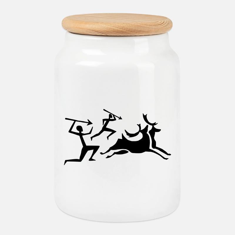 Cave painting hunter - Cookie Jar with Wooden Lid - white