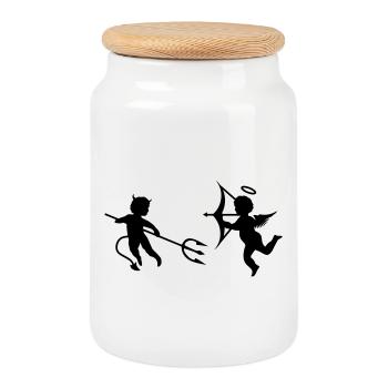 A little devil and a little angel - Cookie Jar with Wooden Lid - white - Front