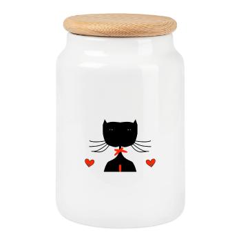 black cat - Cookie Jar with Wooden Lid - white - Front