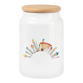 half frame made of colorful artist brush set - Cookie Jar with Wooden Lid - white - Front