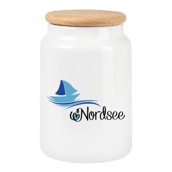 Conception de la mer du Nord avec voilier - Boîte à biscuits avec couvercle en bois - blanc - Devant