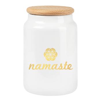 Namaste Yoga Gold Flower of Life Shanti Ornament - Keksdose mit Holzdeckel - Weiß - Vorne