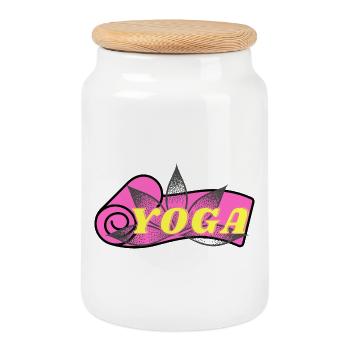 Lotus de Yoga : Police jaune sur fond rose - Boîte à biscuits avec couvercle en bois - blanc - Devant