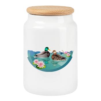 Couple de canards dans un étang aux canards avec nénuphars - Boîte à biscuits avec couvercle en bois - blanc - Devant
