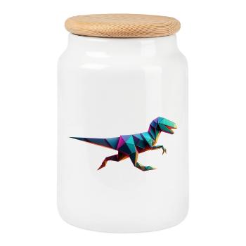 Dinosaurier Raptor T-Rex Origami Geometrisch 3D - Keksdose mit Holzdeckel - Weiß - Vorne