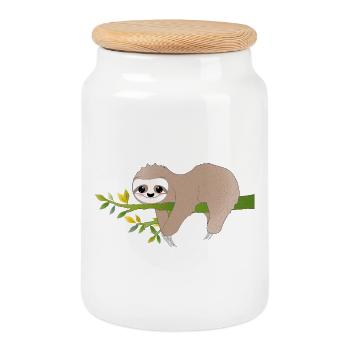 Relaxed Sloth – Charming Relax Motif - Cookie Jar with Wooden Lid - white - Front