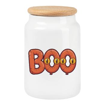 Halloween Boo Creepy Letters with Scary Glow Eyes - Cookie Jar with Wooden Lid - white - Front