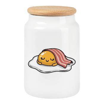 Sleeping Egg with Bacon Cartoon - Cookie Jar with Wooden Lid - white - Front