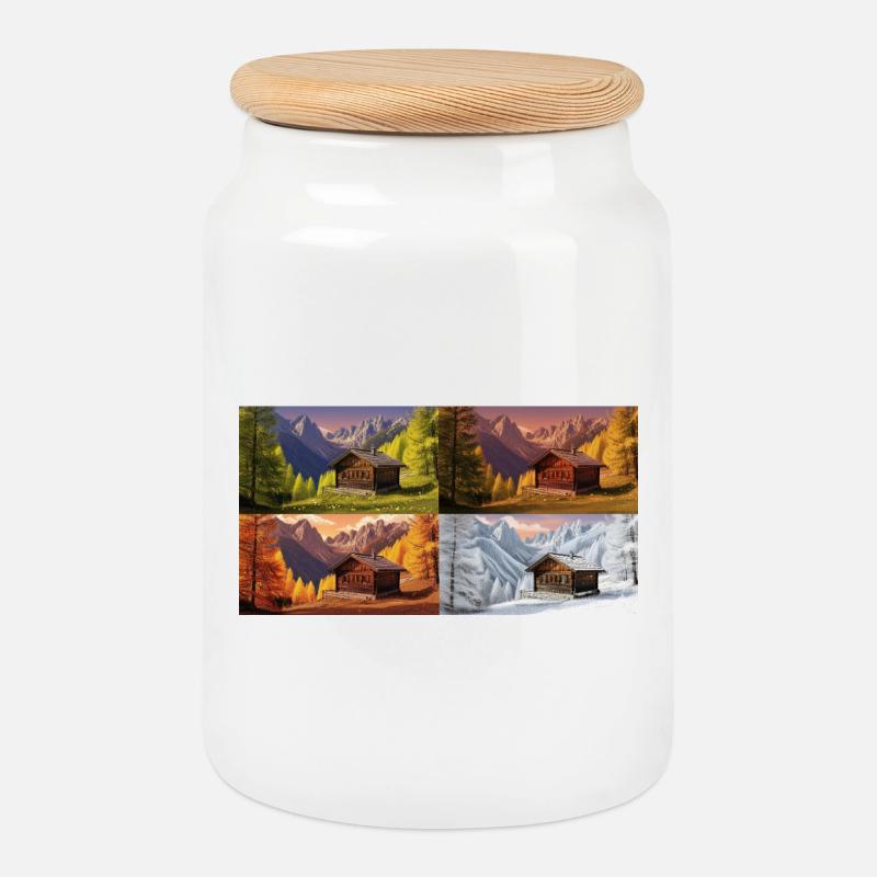 Hut idyll in the mountain valley - Cookie Jar with Wooden Lid - white