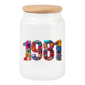 1981 – Date de naissance, diplôme d’études secondaires, mariage, naissance - Boîte à biscuits avec couvercle en bois - blanc - Devant