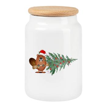 Niedlicher Weihnachtsbiber mit Tannenbaum - Keksdose mit Holzdeckel - Weiß - Vorne