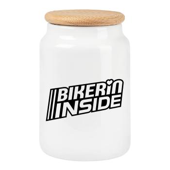 Bikerin à l’intérieur des lettres (les couleurs peuvent être modifiées) - Boîte à biscuits avec couvercle en bois - blanc - Devant