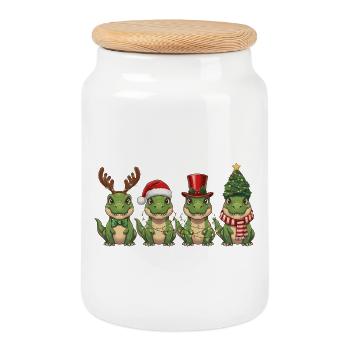 T-Rex Santa Claus Christmas Lights - Cookie Jar with Wooden Lid - white - Front