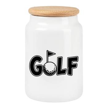 Golf Schriftzug mit Golfball und Golf Flag - Keksdose mit Holzdeckel - Weiß - Vorne