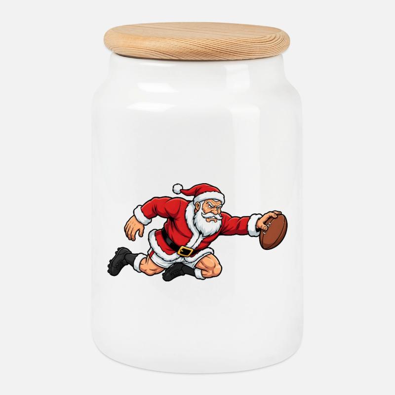 Weihnachtsmann-Rugby - Keksdose mit Holzdeckel - Weiß