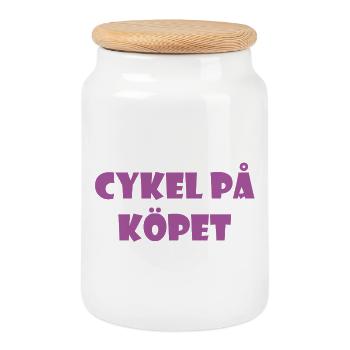 Bicycle in the Bargain – Text Design - Cookie Jar with Wooden Lid - white - Front