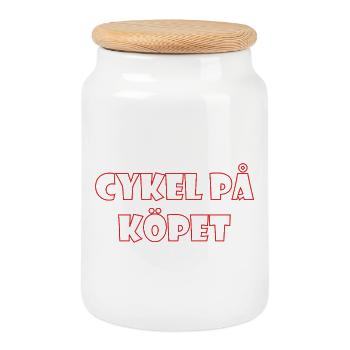 Bicycle in the Bargain – Text Design - Cookie Jar with Wooden Lid - white - Front
