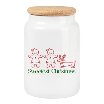 Christmas – Gingerbread Girls & Dachshund (Red) - Cookie Jar with Wooden Lid - white - Front