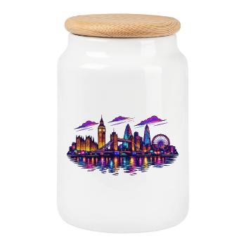 Neon London Skyline Night - Cookie Jar with Wooden Lid - white - Front