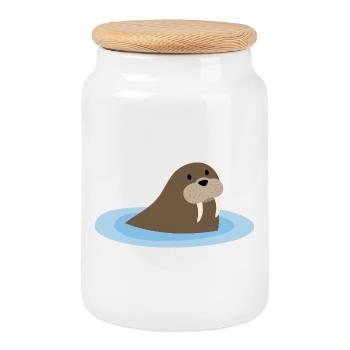 Cute Walrus in the Water – Kawaii Comic Design - Cookie Jar with Wooden Lid - white - Front