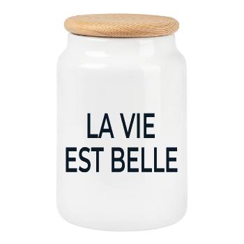 La Vie Est Belle Schriftzug - Keksdose mit Holzdeckel - Weiß - Vorne