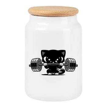 Fitness Cat with Dumbbell | Cute Gym Motif - Cookie Jar with Wooden Lid - white - Front