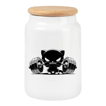 Bodybuilder Cat | Cute Gym Power Motif - Cookie Jar with Wooden Lid - white - Front