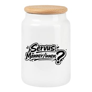 Servus Männer/innen? - Keksdose mit Holzdeckel - Weiß - Vorne