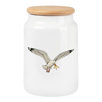 Mouette drôle qui vole des frites sur la plage - Boîte à biscuits avec couvercle en bois - blanc - Devant