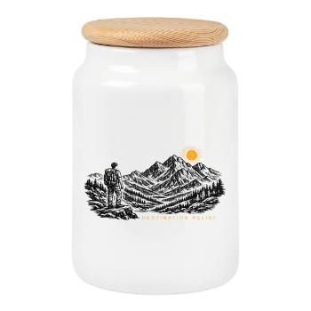 Hiker Sunrise Destination Relief - Cookie Jar with Wooden Lid - white - Front